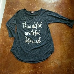 Grey Graphic 3/4 tee, thankful grateful, blessed